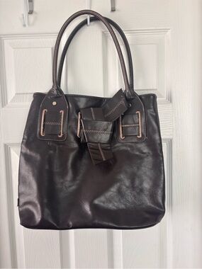 Tommy Hilfiger Dark Brown Leather Tote with Buckle Accent